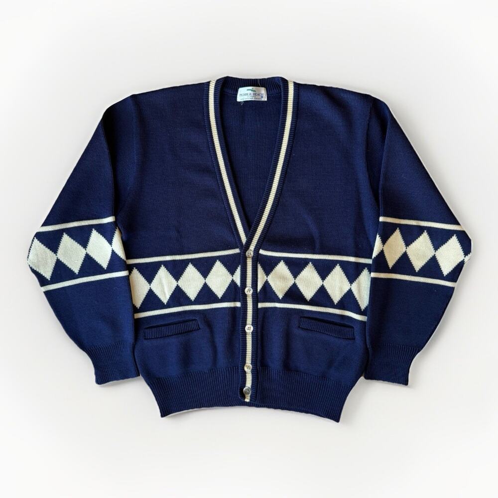 Vintage Pebble Beach Cardigan M Blue Wool Argyle Diamond 80s Golf Bridgestone